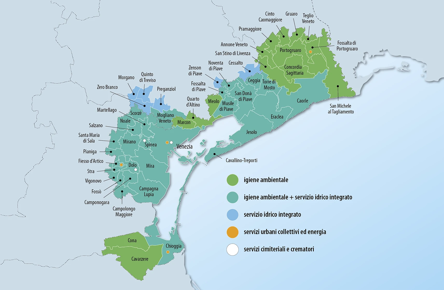Mappa dei Comuni serviti da Veritas